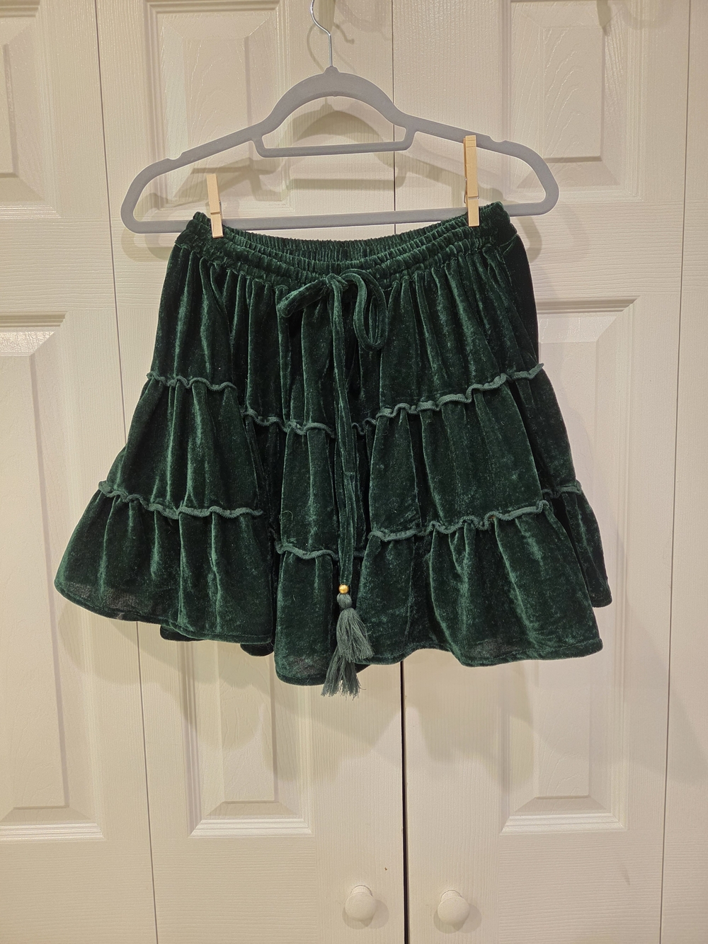 Velvet Tiered Mini Skirt - Dark Green With Pockets and Built-in Shorts